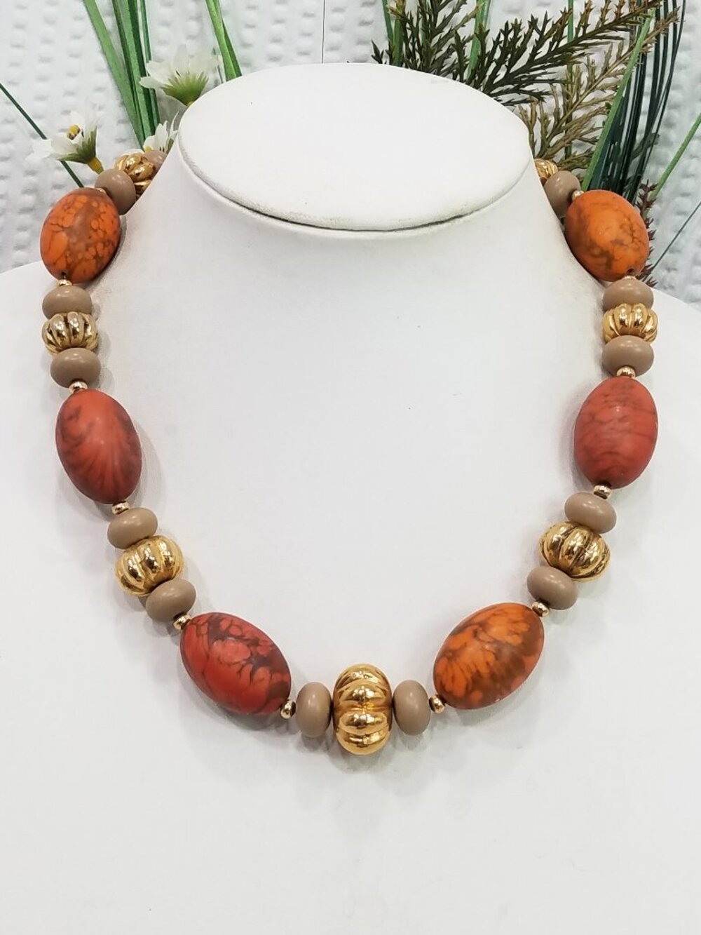 Vintage Signed Napier Chunky Mottled Orange Taupe & Gold Tone Bead Necklace